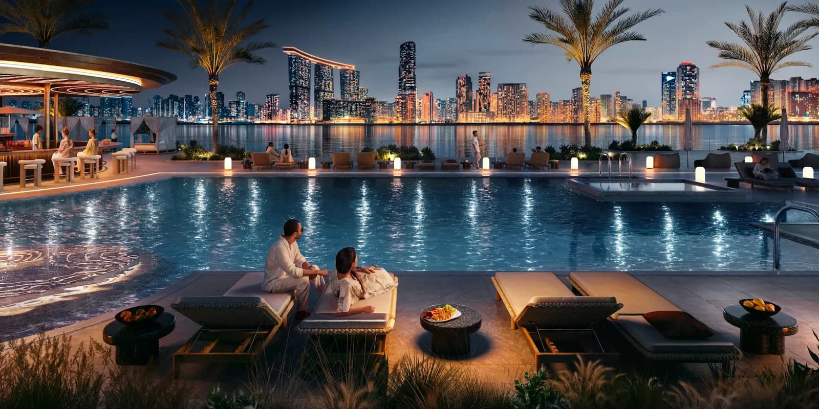 Pool deck and marina at Marsa Al Saadiyat at dusk