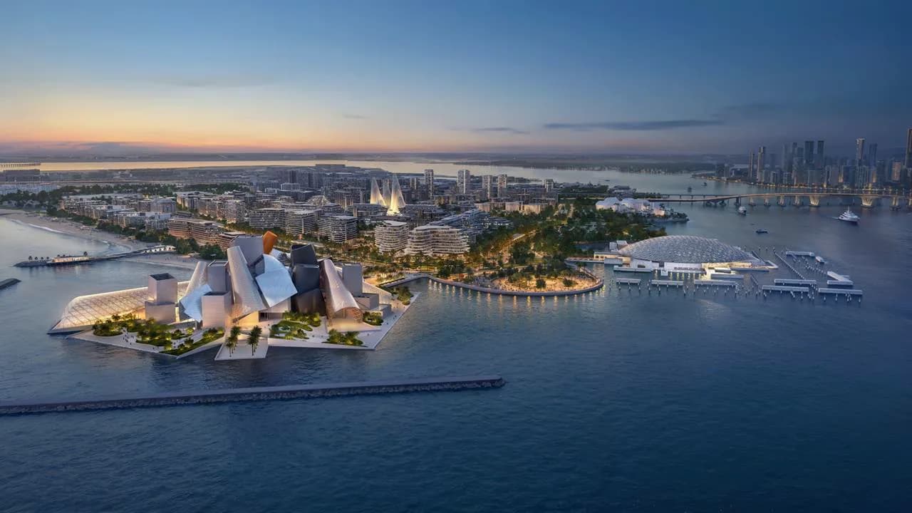 The marina at Marsa Al Saadiyat from the air at dusk