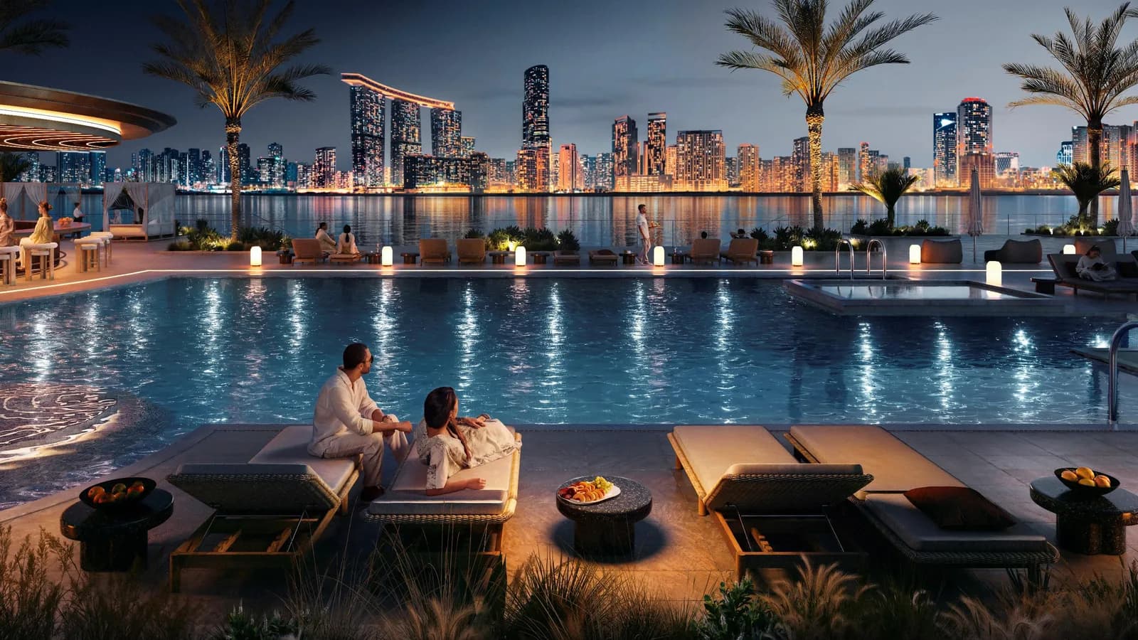 The waterfront wellness club pool at Marsa Al Saadiyat at night